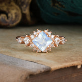 Sparkling Princess Cut Vintage Halo Cluster Moonstone Engagement Ring